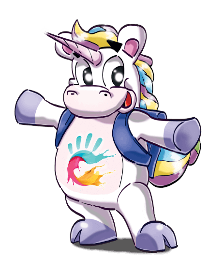 Unicorno colorato e felice con zaino, simbolo arcobaleno sul petto.